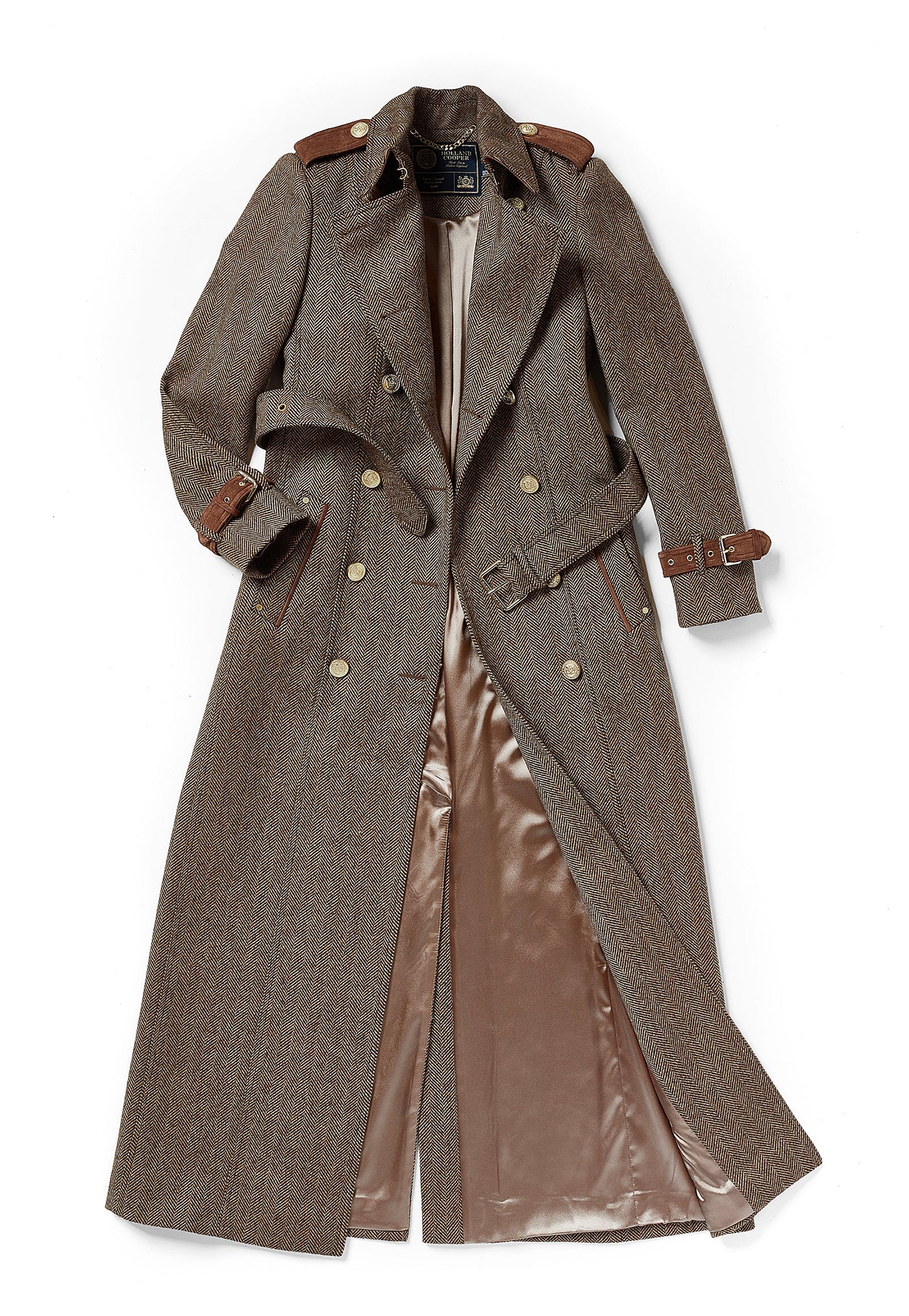 Marlborough Trench Coat Full Length - Large Scale Brown Herringbone