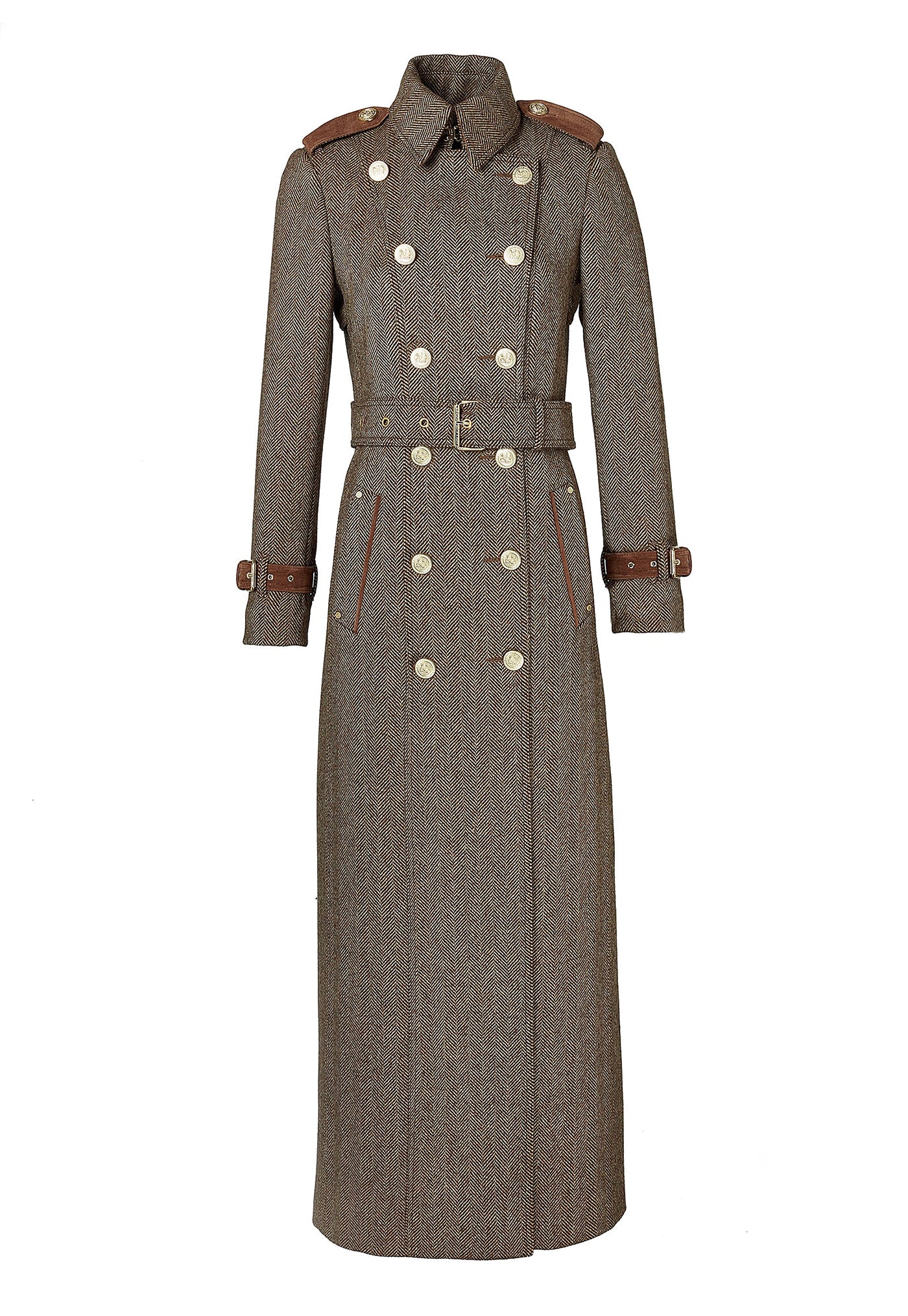 Marlborough Trench Coat Full Length - Large Scale Brown Herringbone