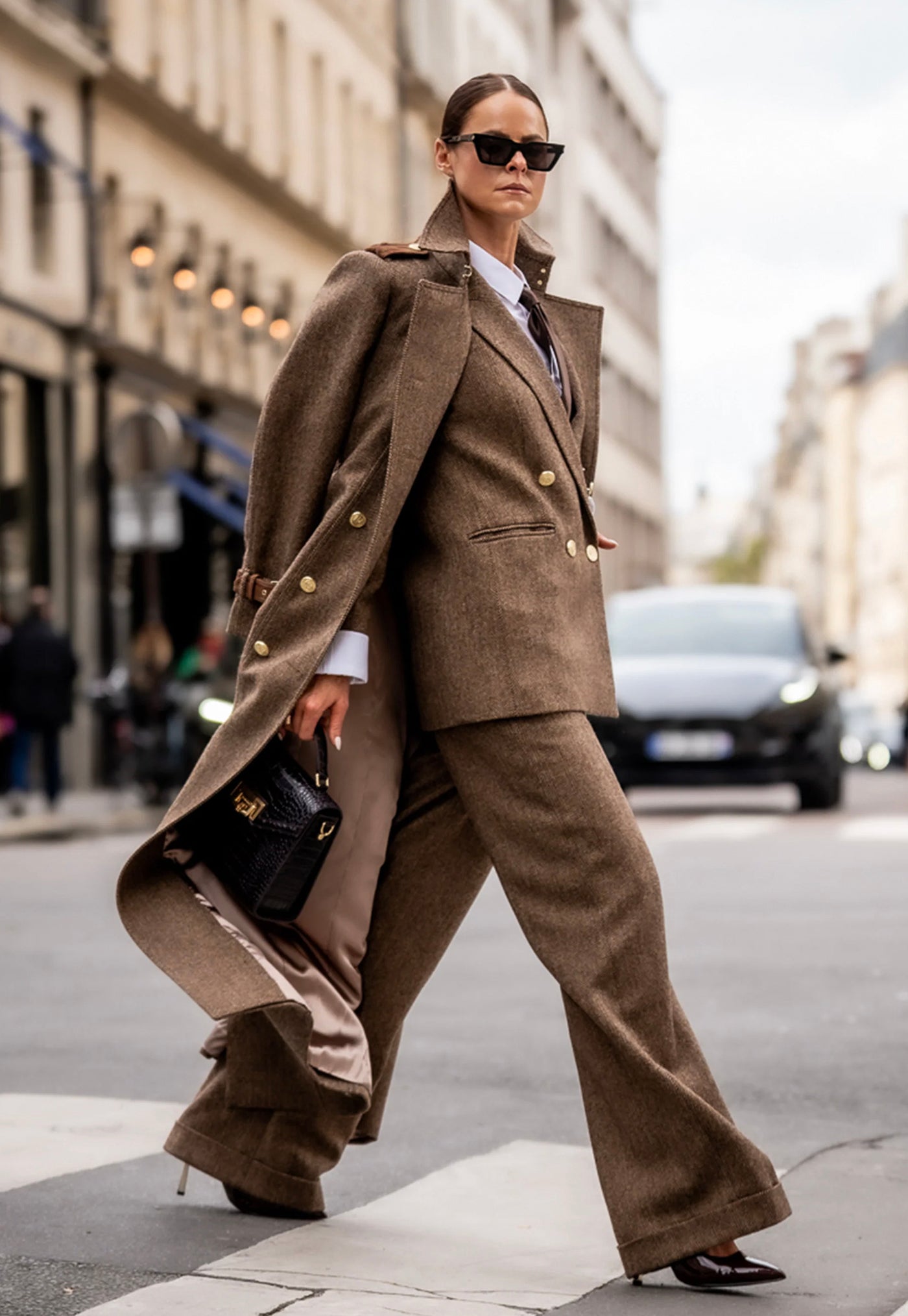 Marlborough Trench Coat Full Length - Large Scale Brown Herringbone