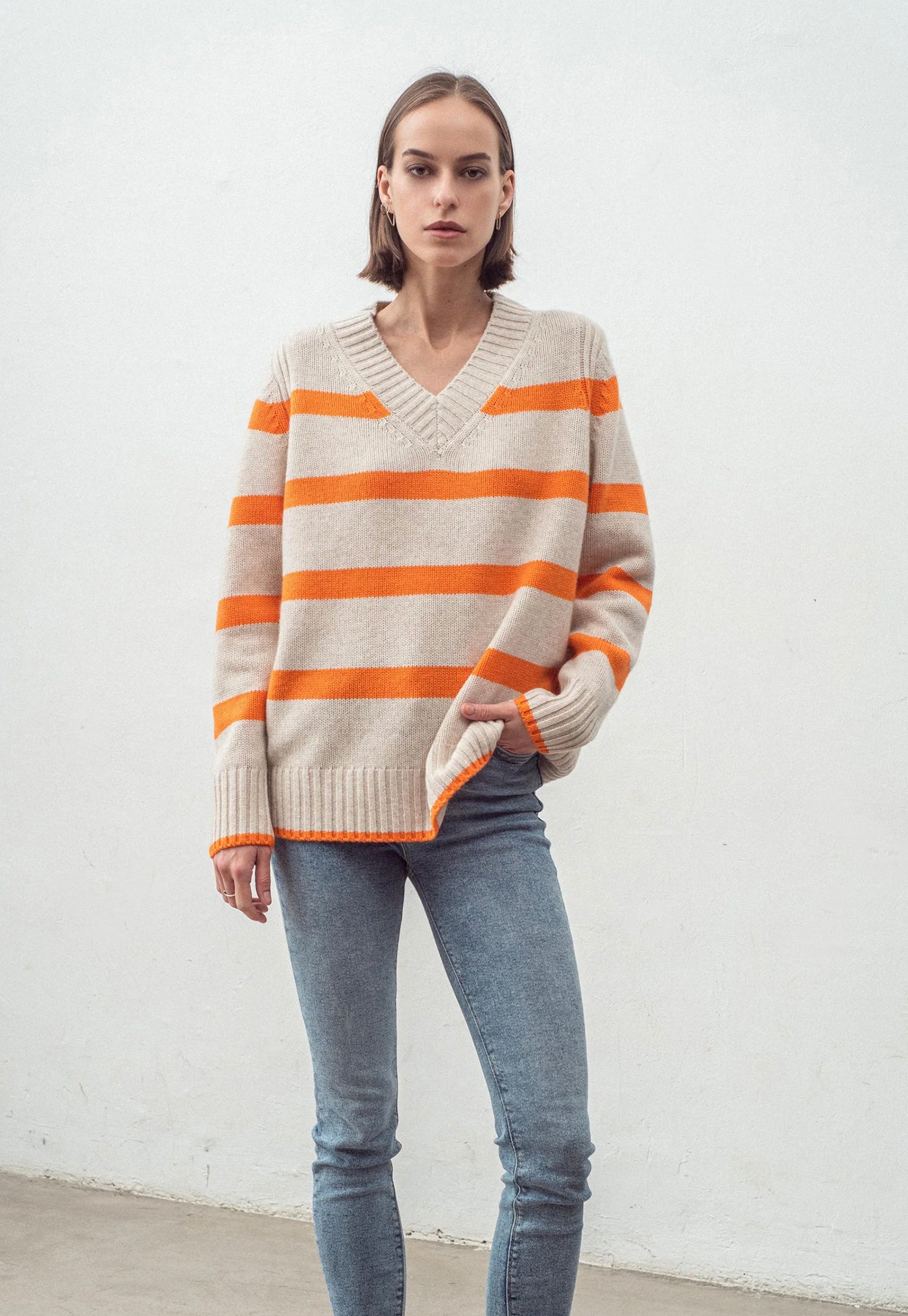 N.327 Cashmere Blend Stripe V Neck - Citrus Flash