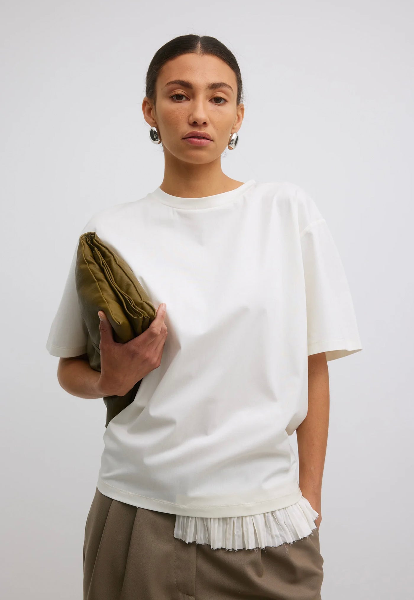 Mavis Tee - Stucco With Ruffle Trim