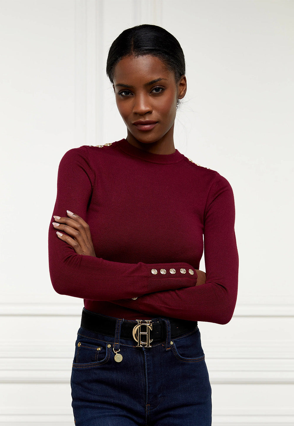 Buttoned Knit Crew Neck - Wine