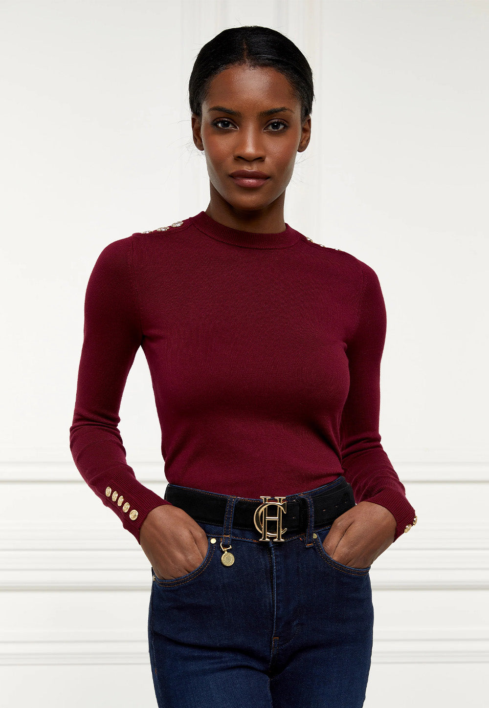 Buttoned Knit Crew Neck - Wine