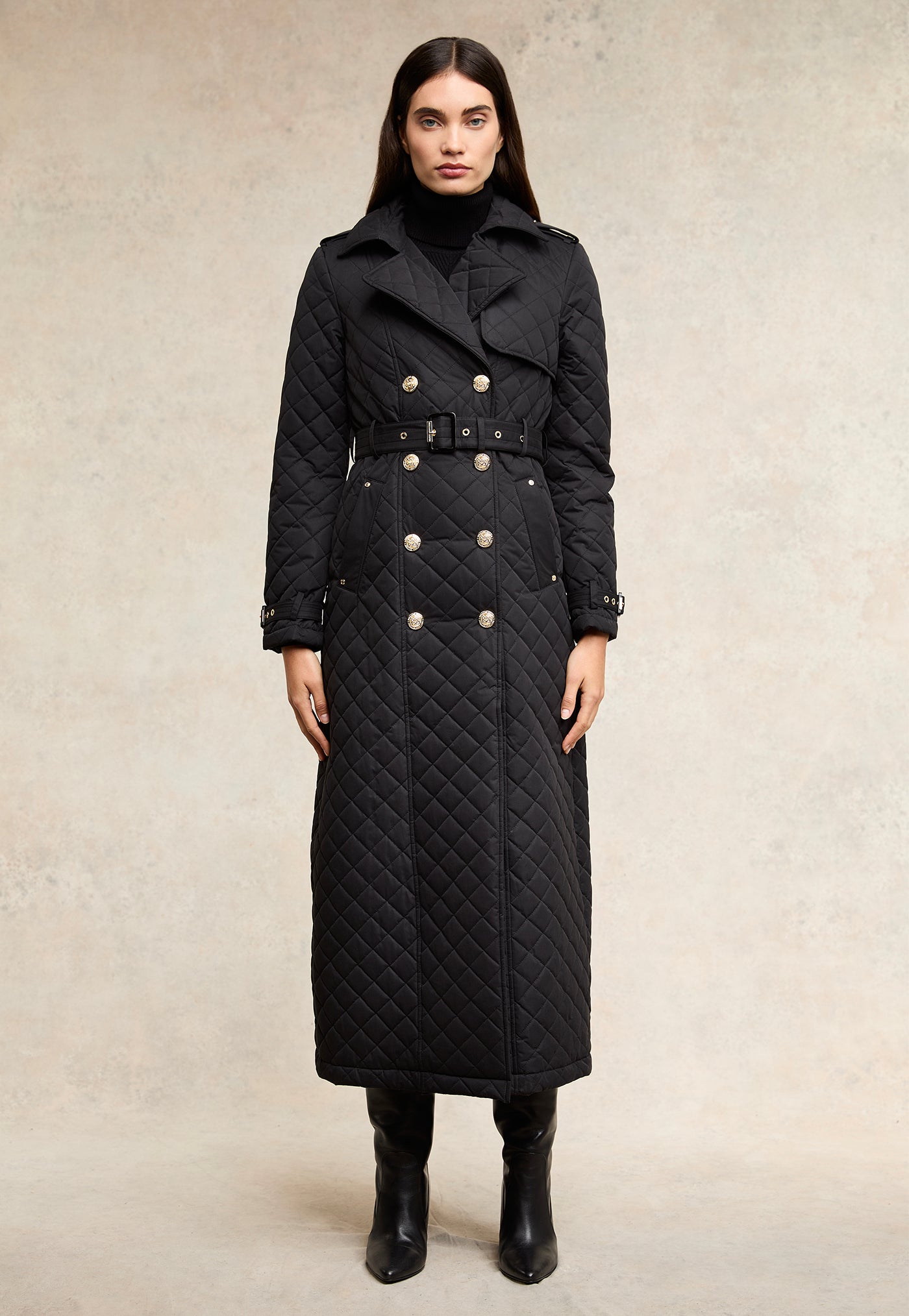 Enstone Quilted Trench Coat Full Length - Black