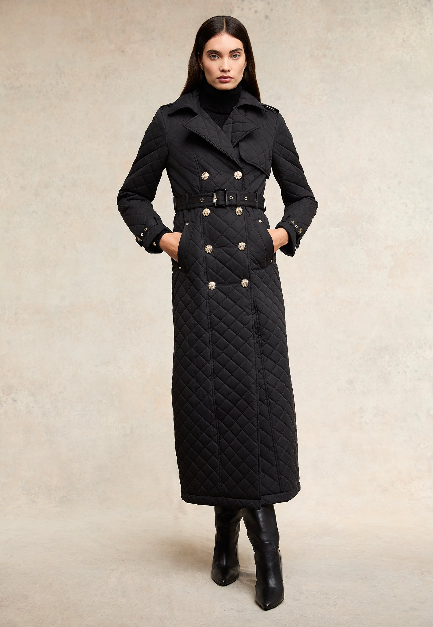 Enstone Quilted Trench Coat Full Length - Black