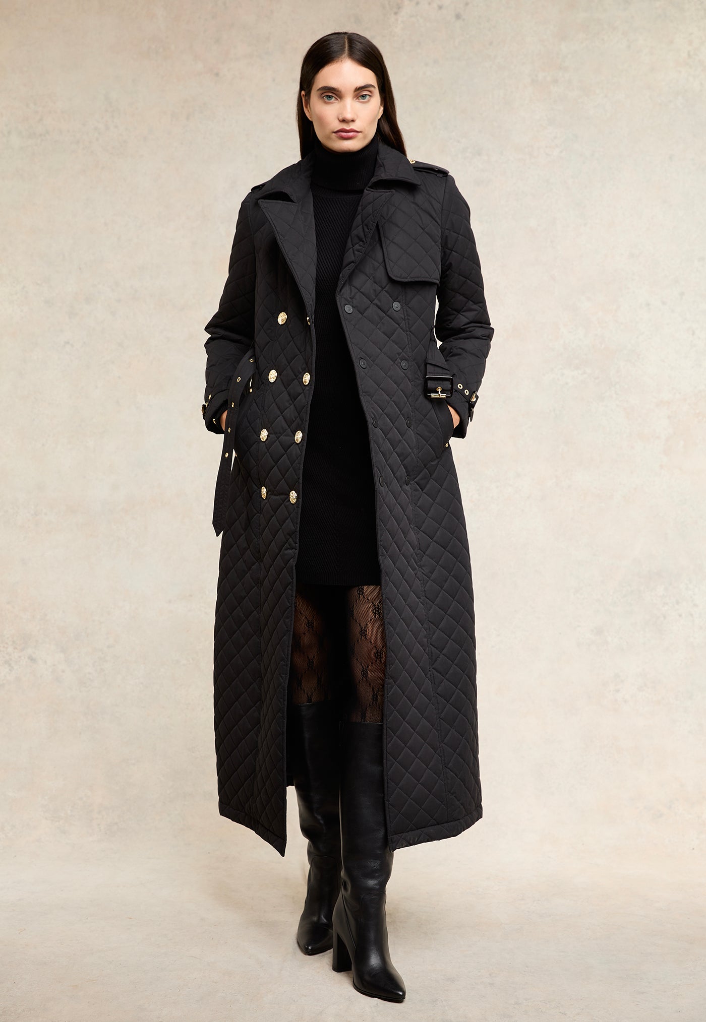 Enstone Quilted Trench Coat Full Length - Black