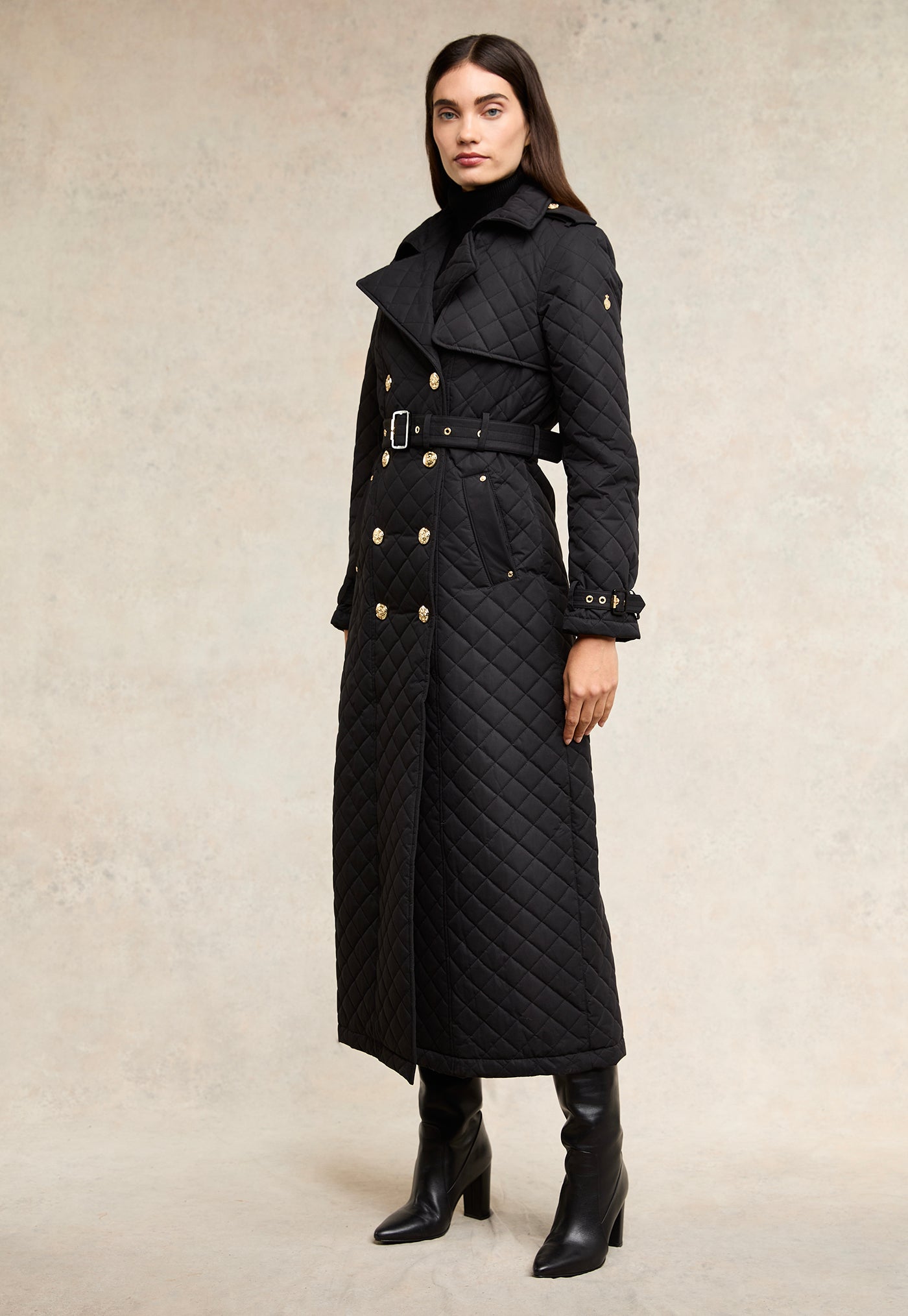 Enstone Quilted Trench Coat Full Length - Black