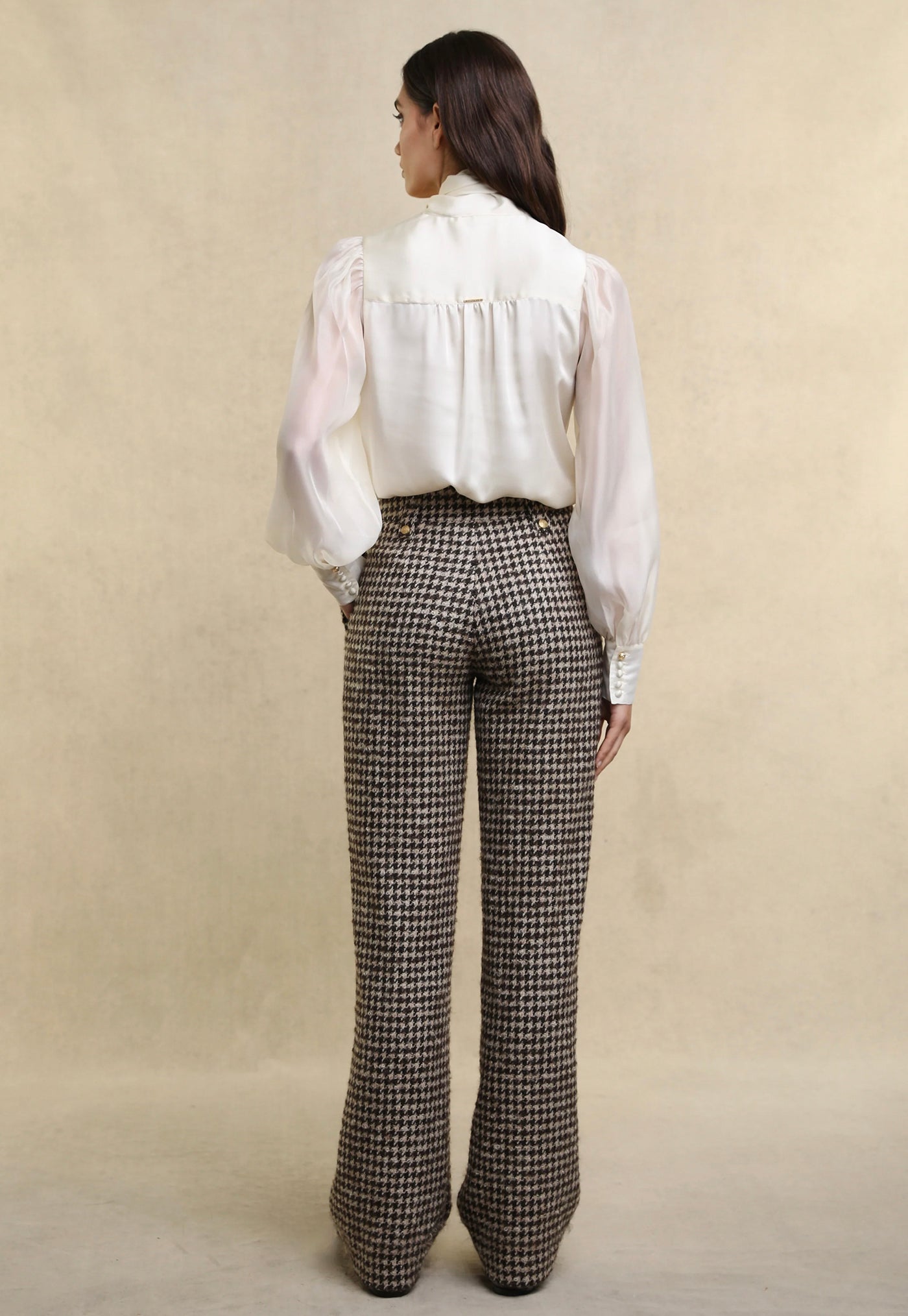 High Waisted Straight Trouser - Coffee Houndstooth