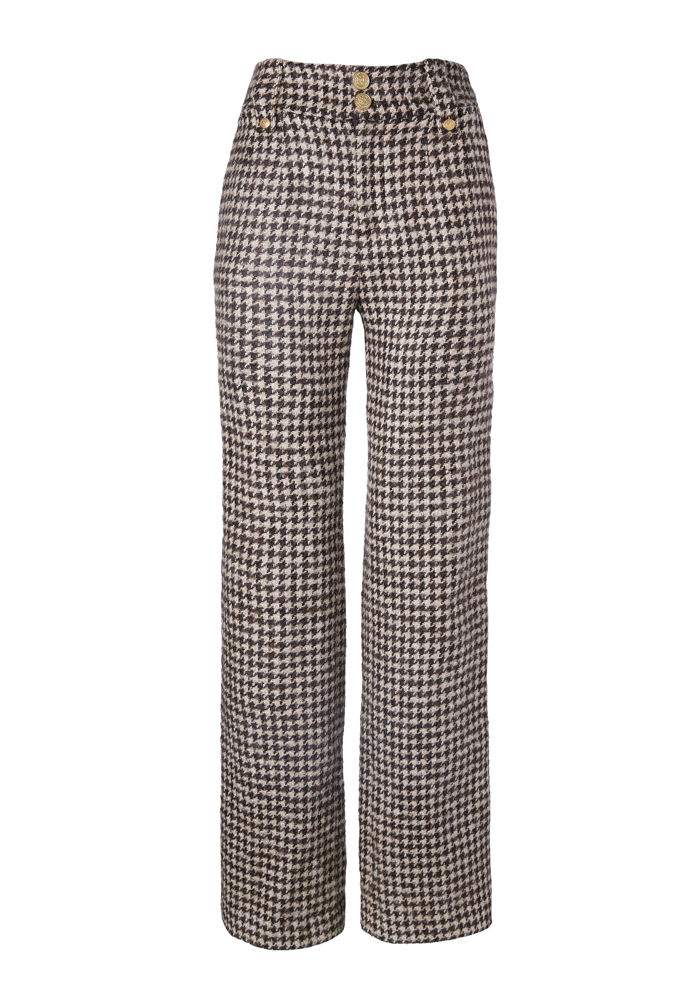 High Waisted Straight Trouser - Coffee Houndstooth