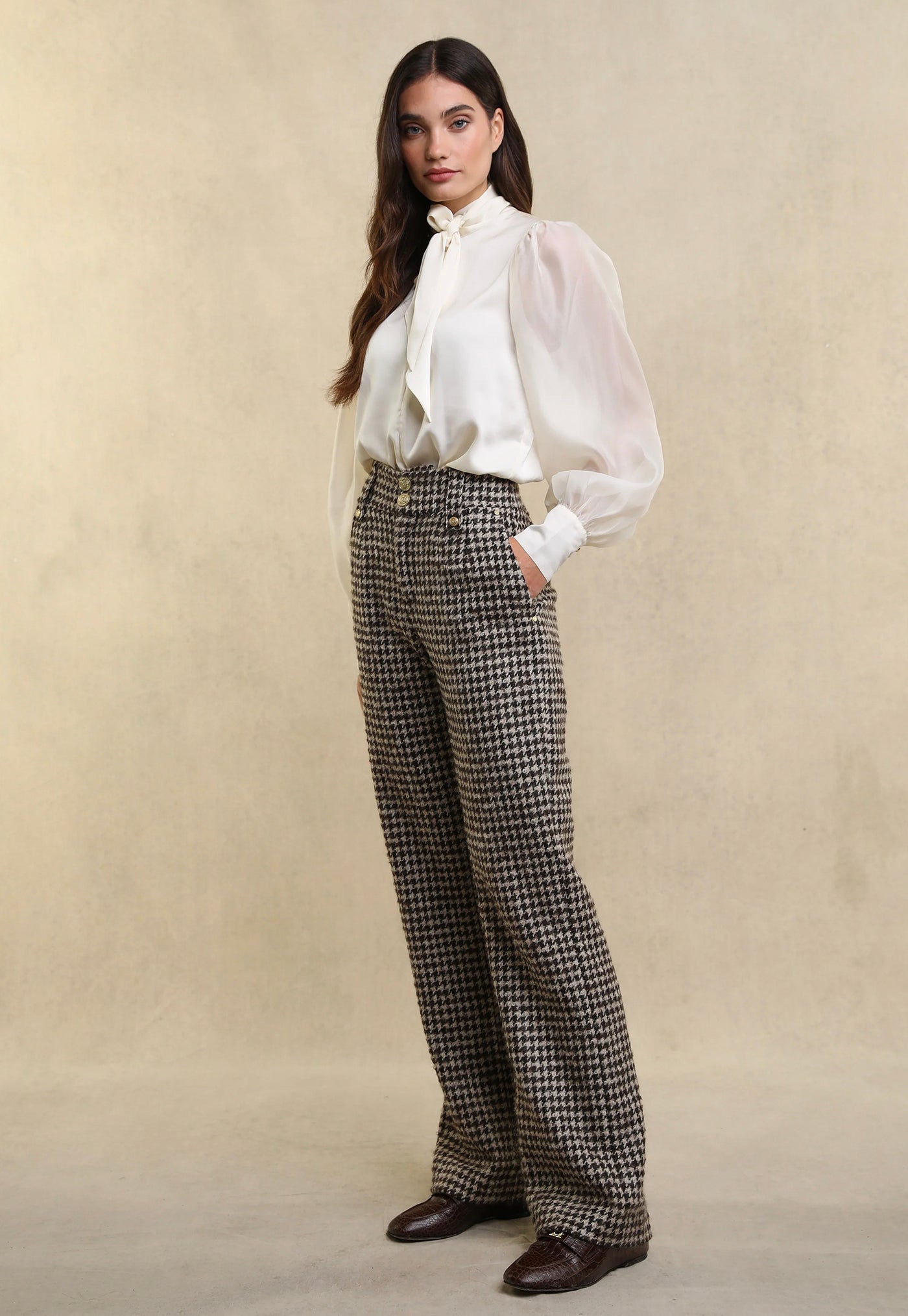 High Waisted Straight Trouser - Coffee Houndstooth