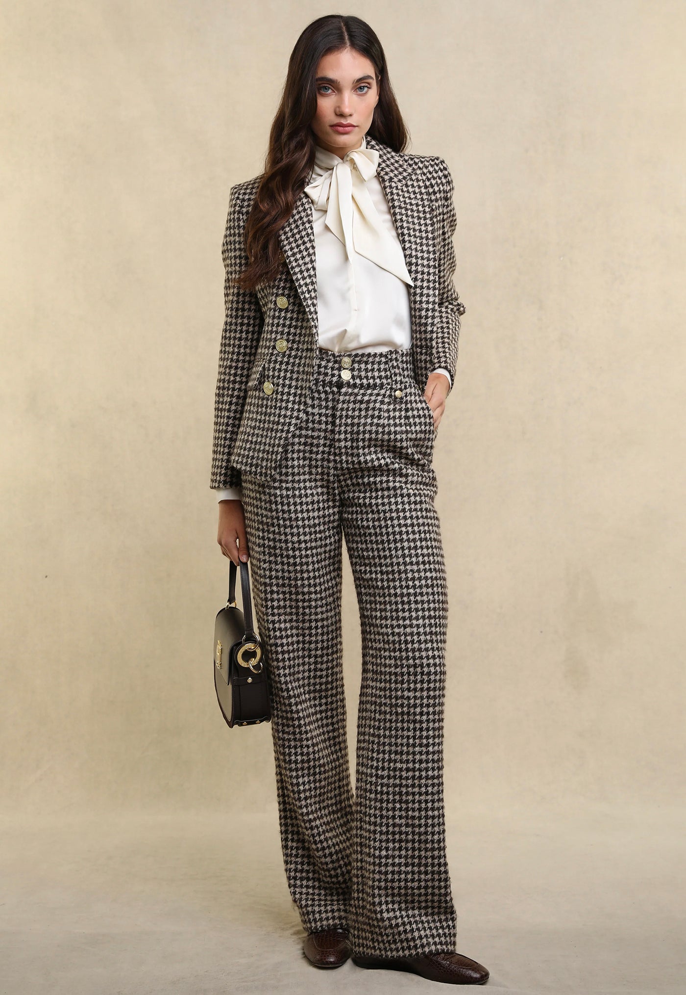 High Waisted Straight Trouser - Coffee Houndstooth