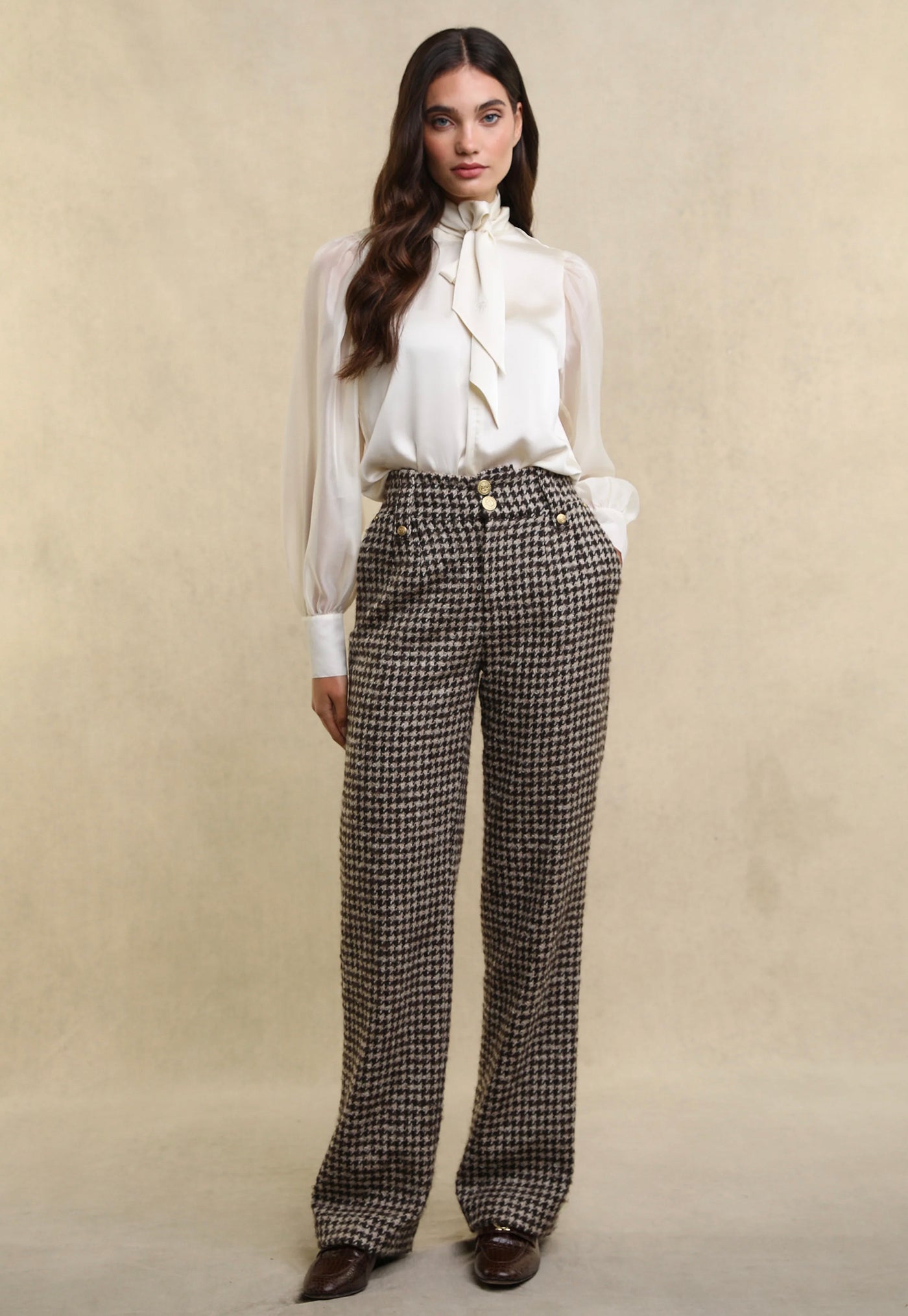 High Waisted Straight Trouser - Coffee Houndstooth