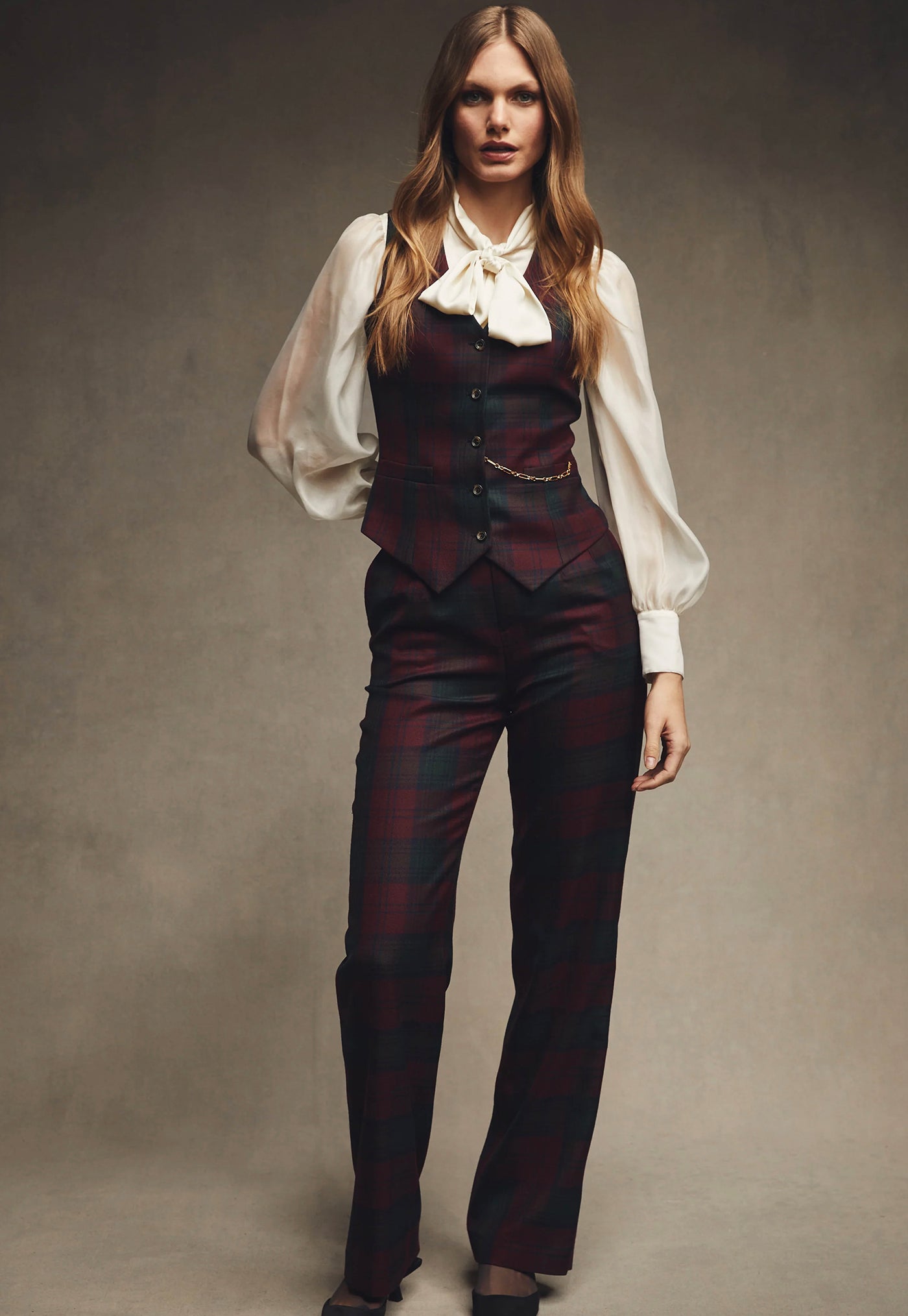 High Waisted Straight Trouser - Mulberry Tartan