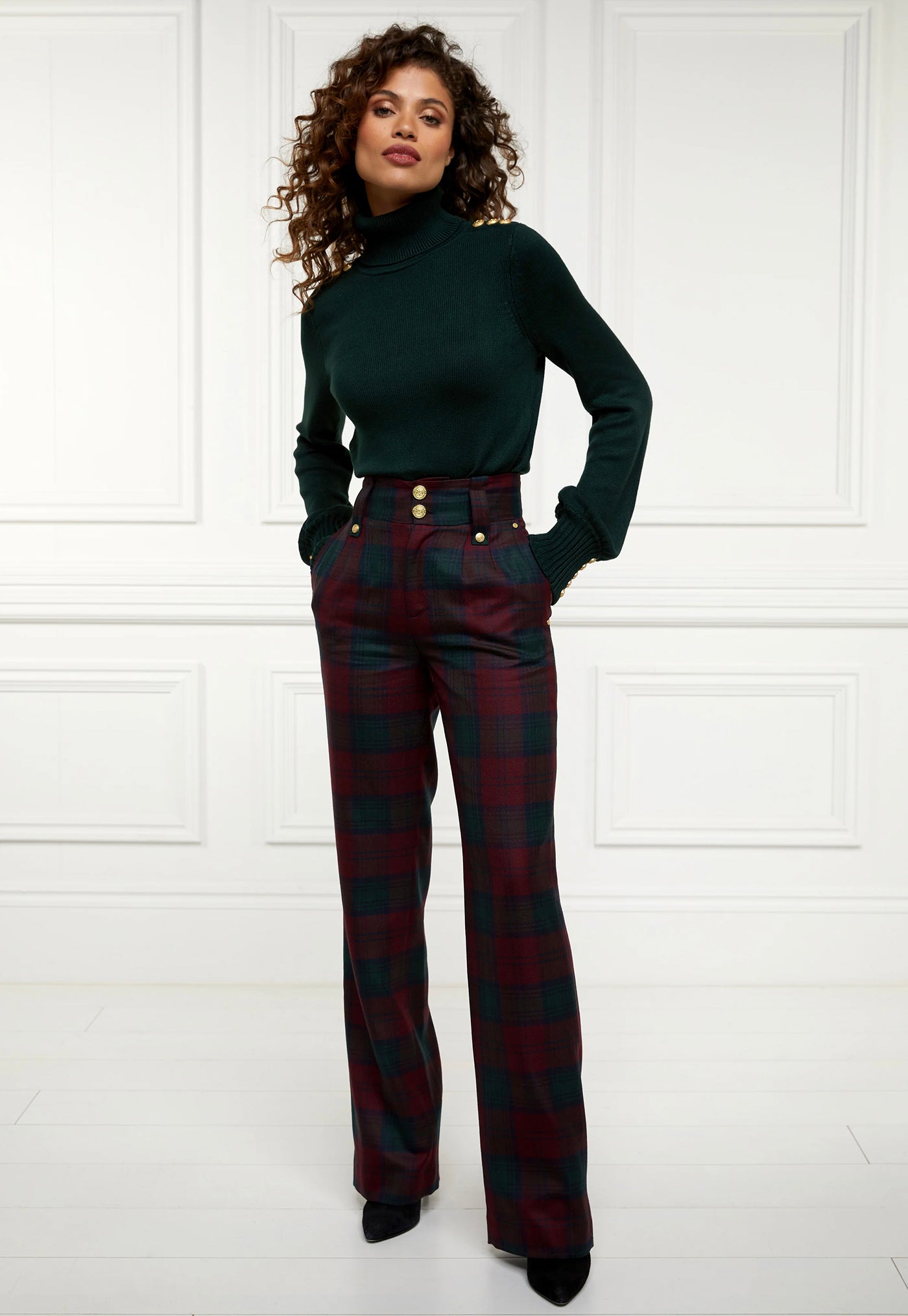 High Waisted Straight Trouser - Mulberry Tartan