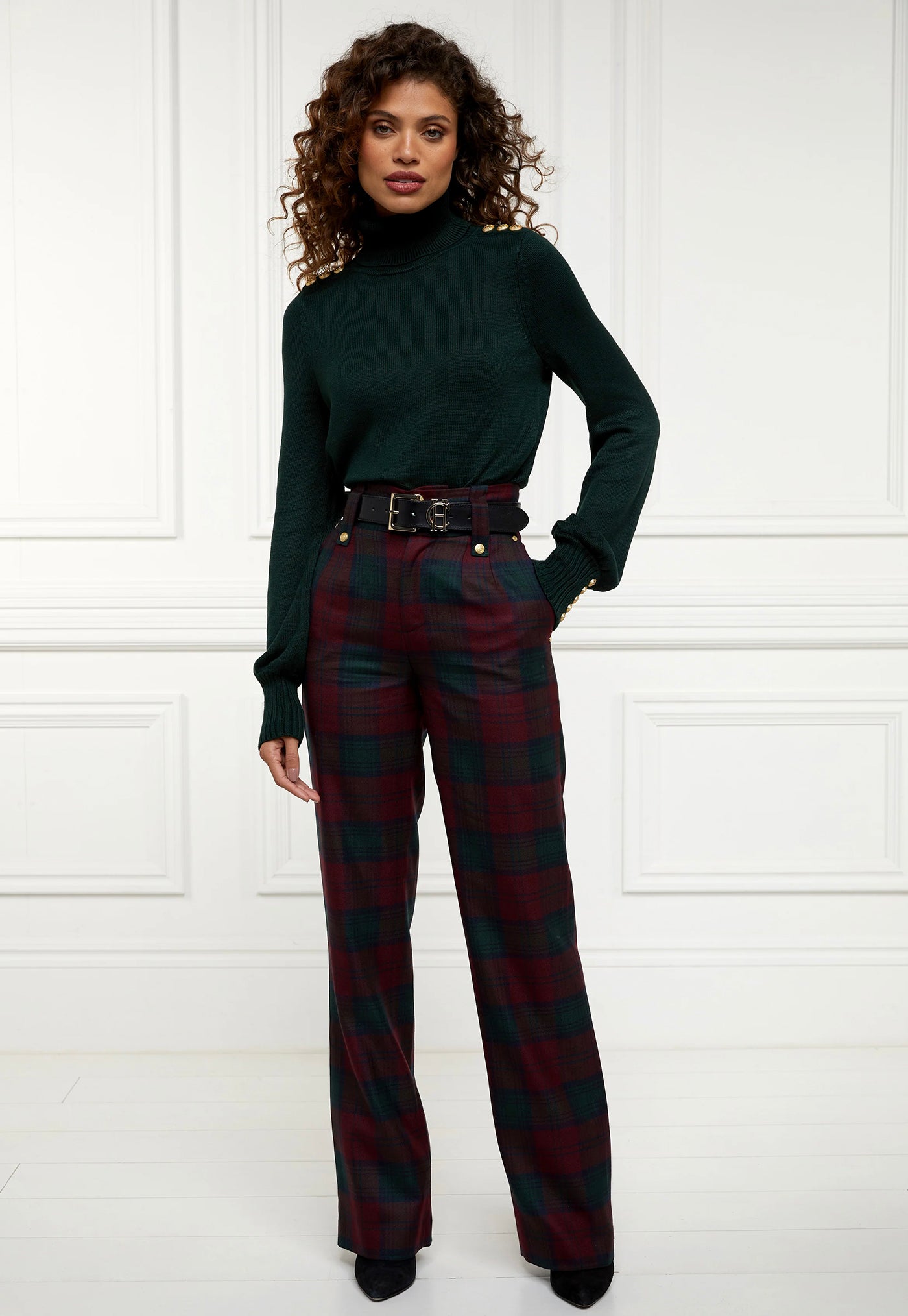 High Waisted Straight Trouser - Mulberry Tartan