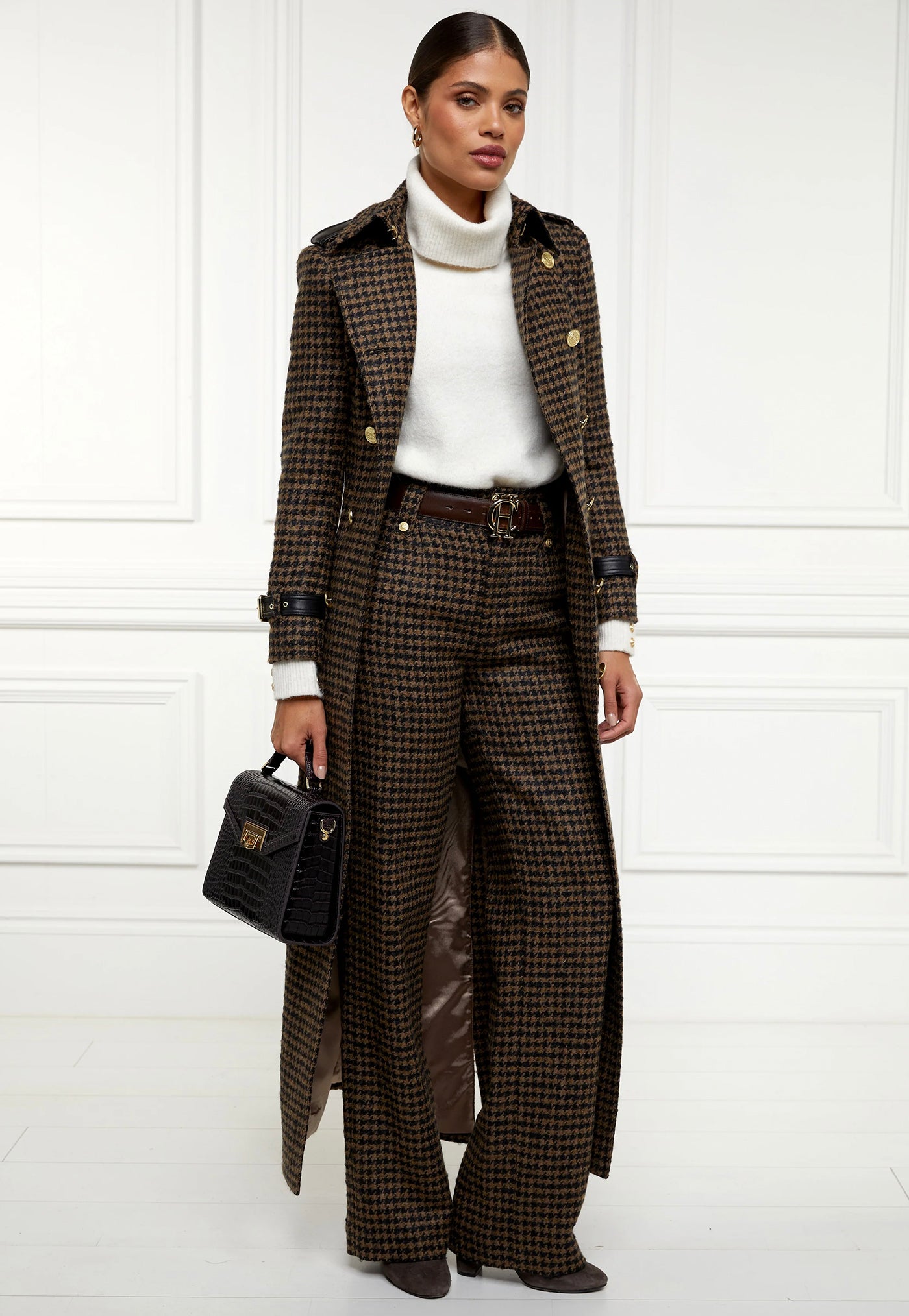 High Waisted Straight Trouser - Chocolate Houndstooth