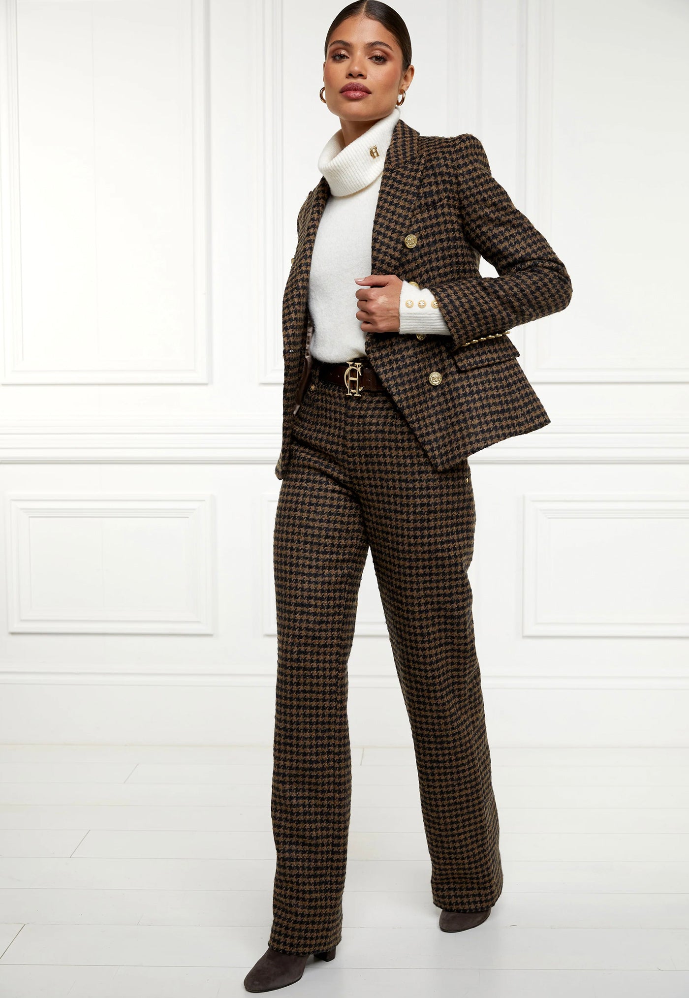 High Waisted Straight Trouser - Chocolate Houndstooth