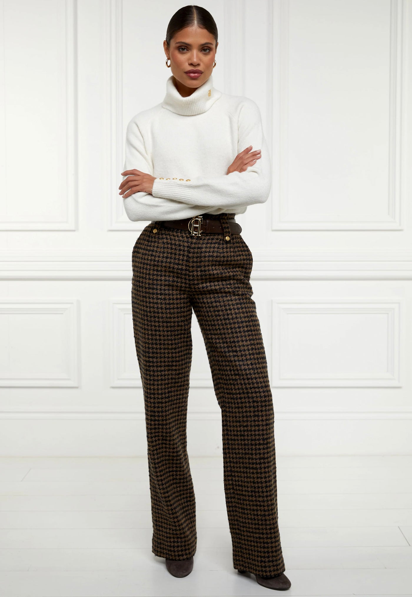 High Waisted Straight Trouser - Chocolate Houndstooth