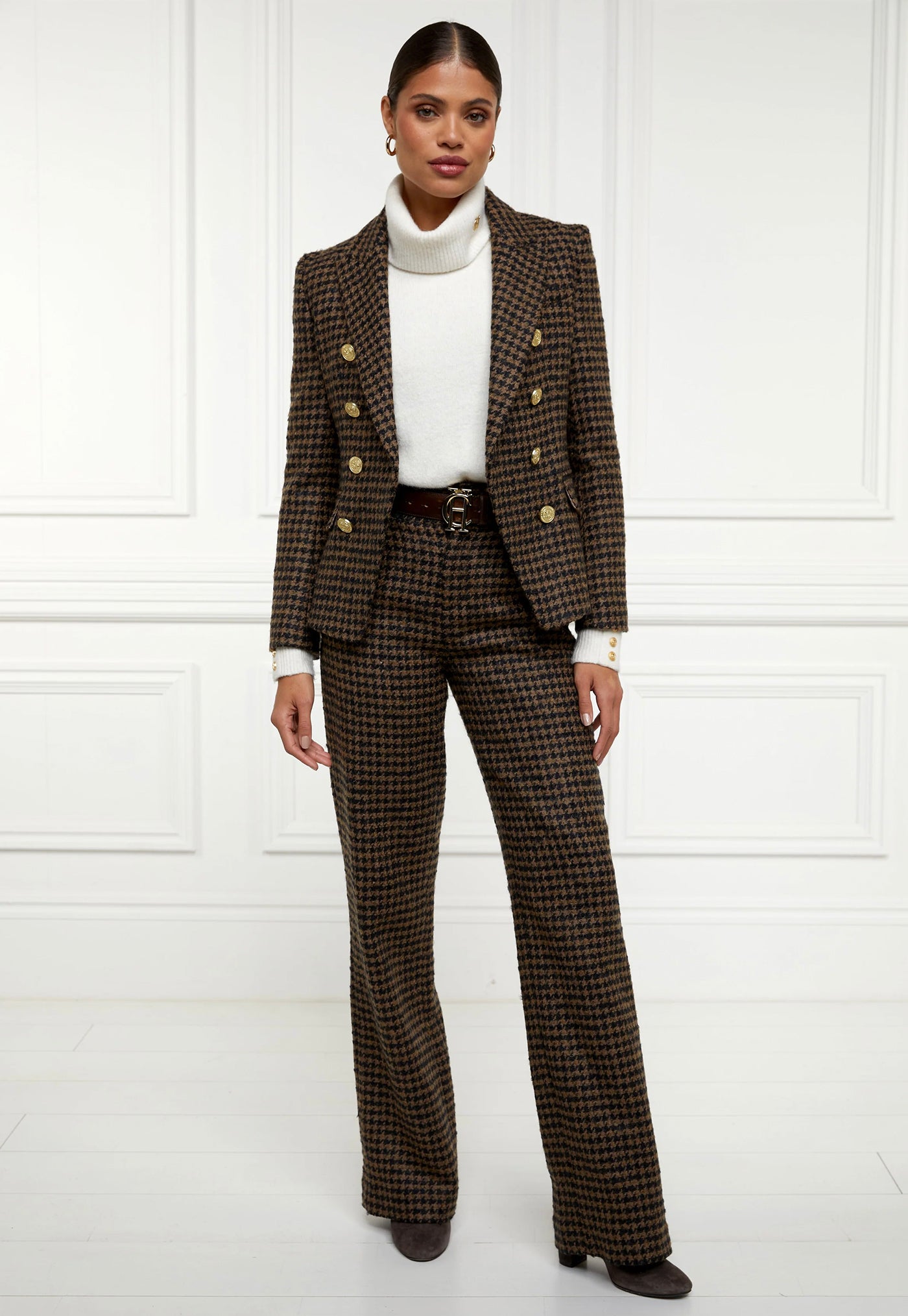 High Waisted Straight Trouser - Chocolate Houndstooth