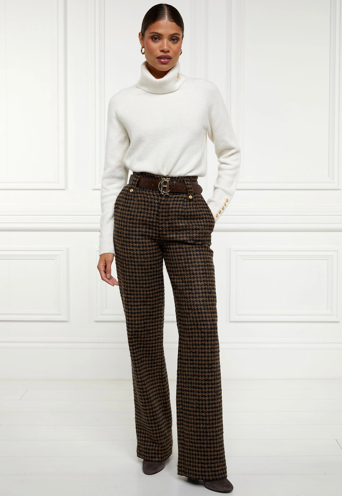 High Waisted Straight Trouser - Chocolate Houndstooth