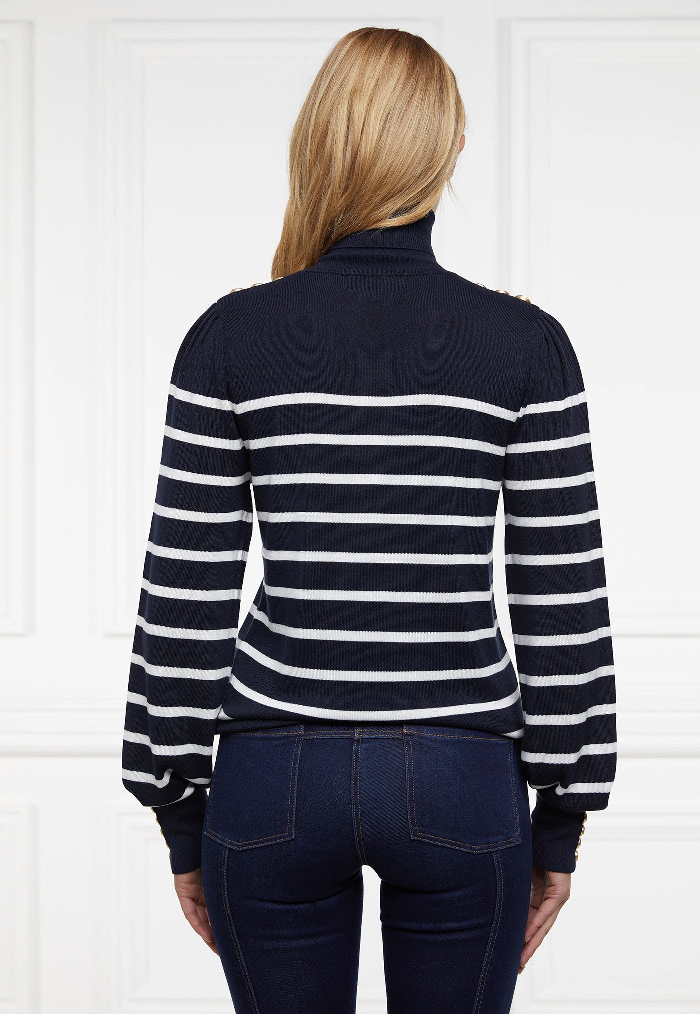 Kelsie Roll Neck Knit - Ink Navy Natural Stripe sold by Angel Divine