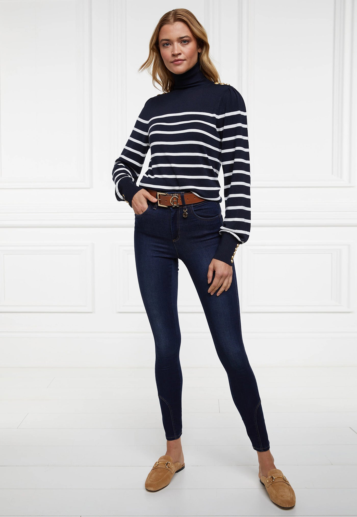 Kelsie Roll Neck Knit - Ink Navy Natural Stripe sold by Angel Divine