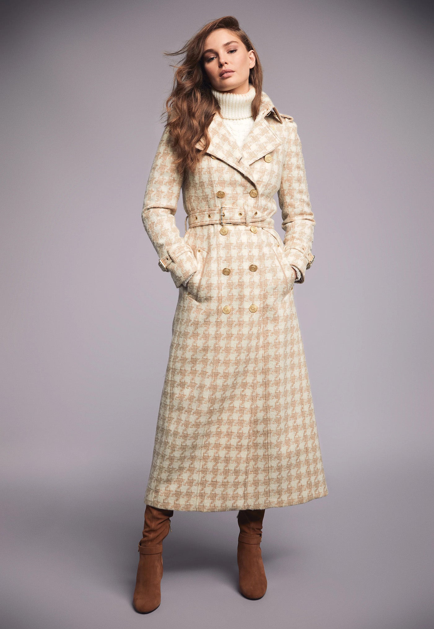 Marlborough Trench Coat Full Length - Camel Houndstooth sold by Angel Divine