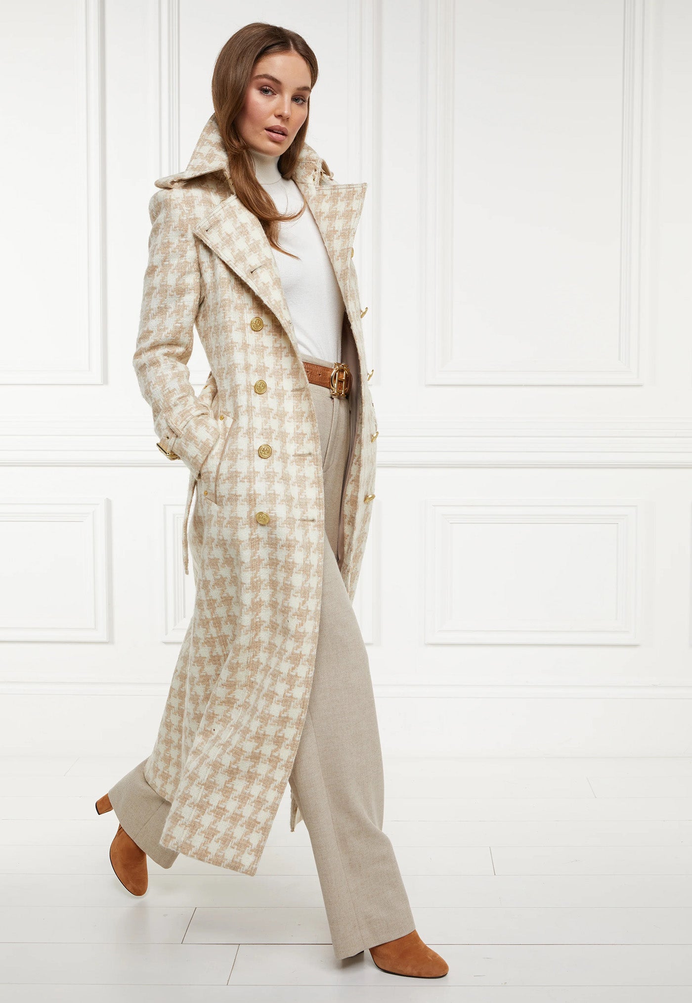 Marlborough Trench Coat Full Length - Camel Houndstooth sold by Angel Divine