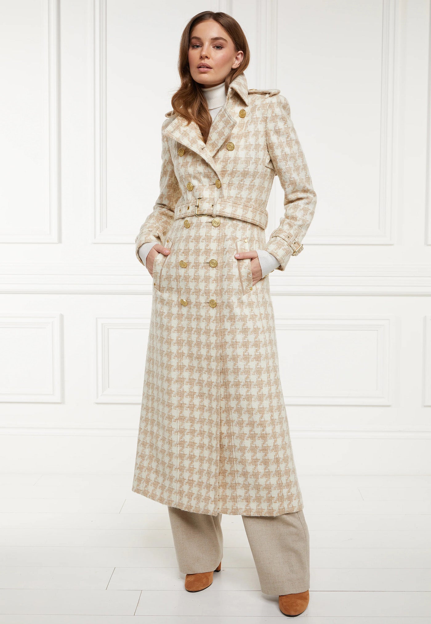 Marlborough Trench Coat Full Length - Camel Houndstooth sold by Angel Divine