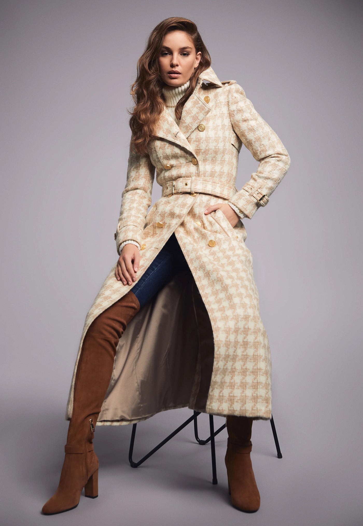 Marlborough Trench Coat Full Length - Camel Houndstooth sold by Angel Divine