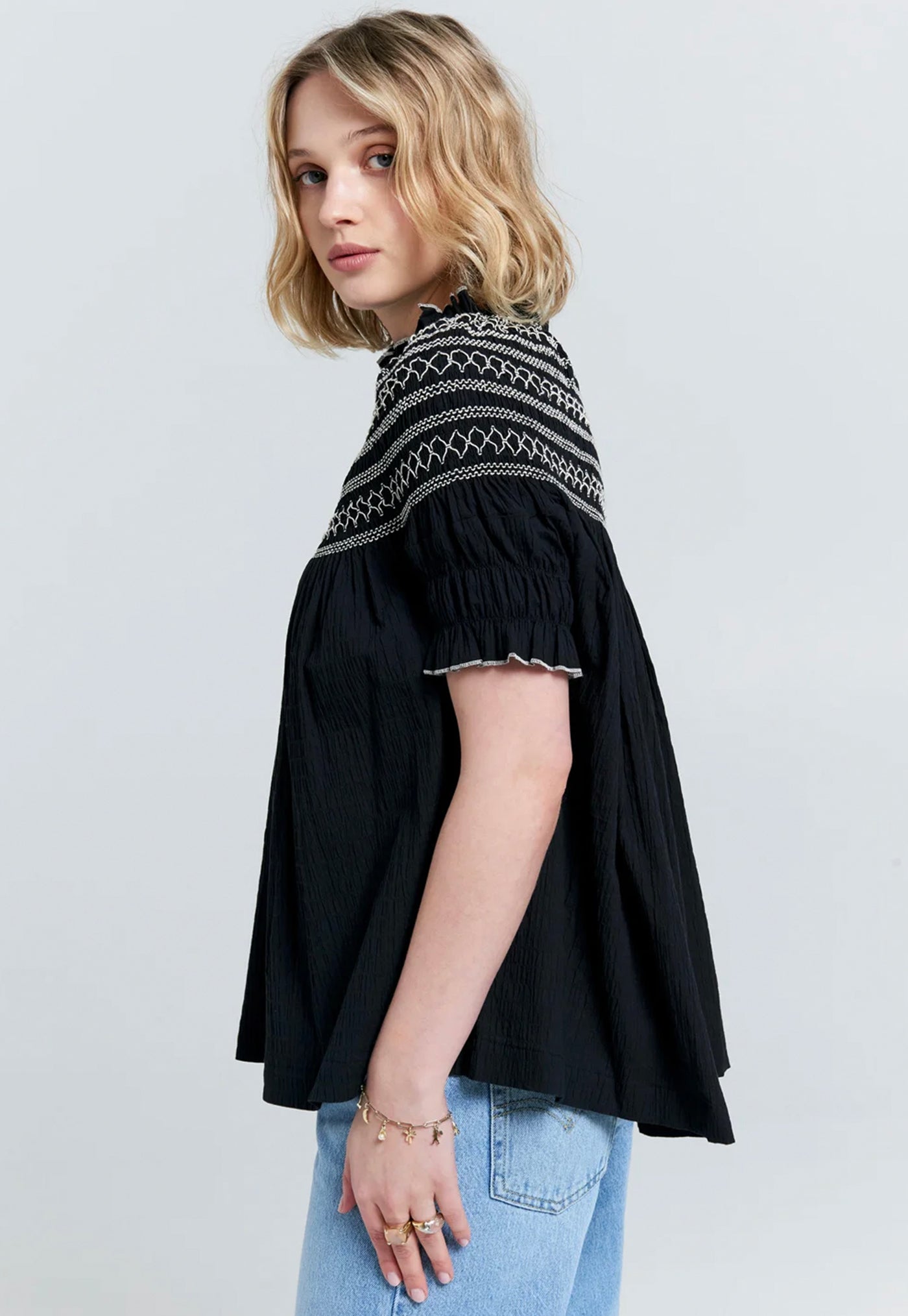 Gaia Smocked Blouse - Organic Cotton Black/Off-White