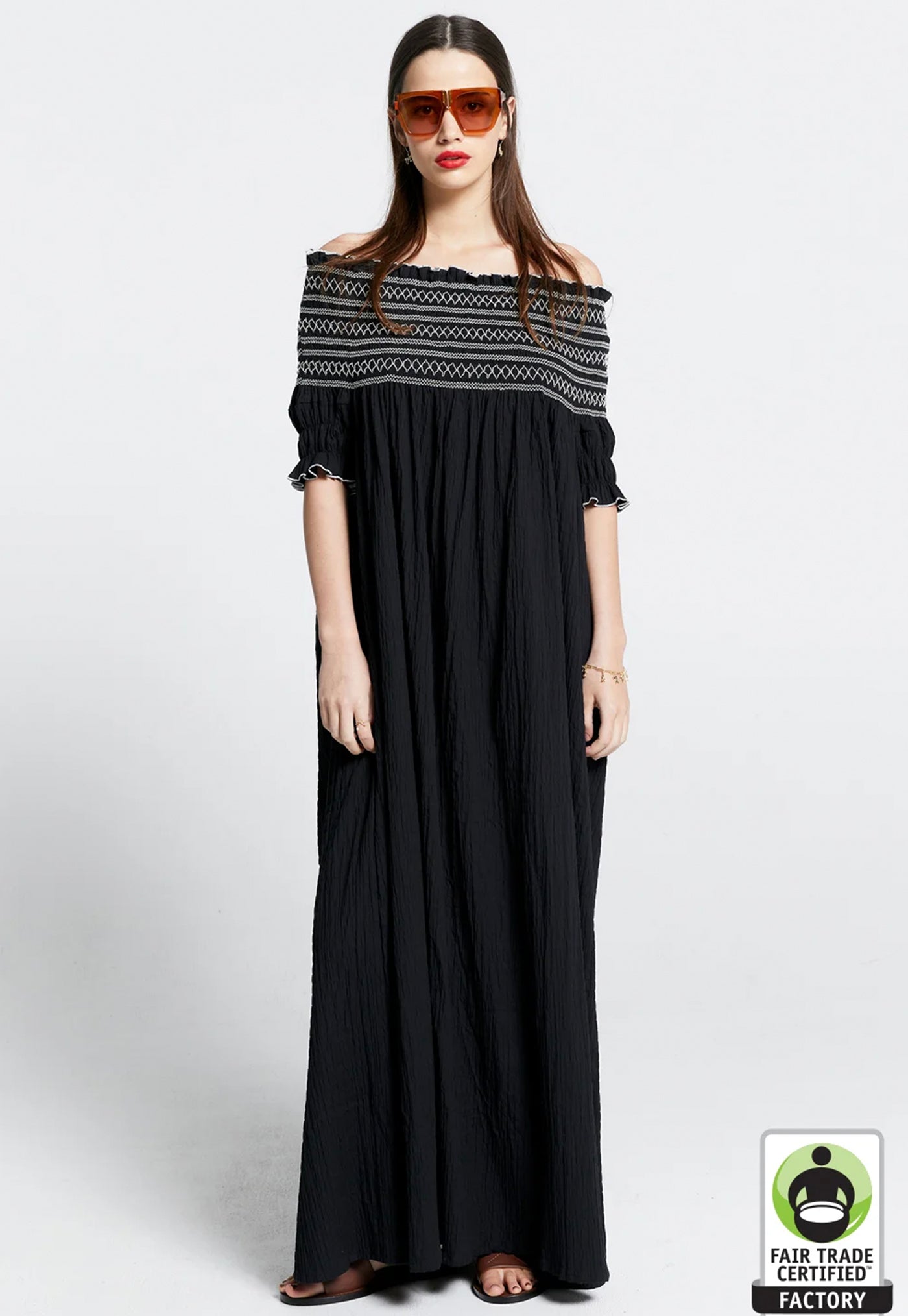 Gaia Smocked Dress - Organic Cotton Black/Off-White