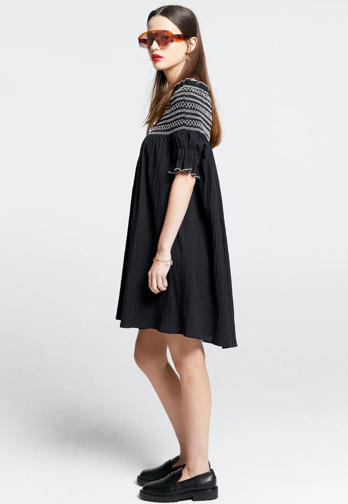 Gaia Smocked Mini Dress - Black/Off White