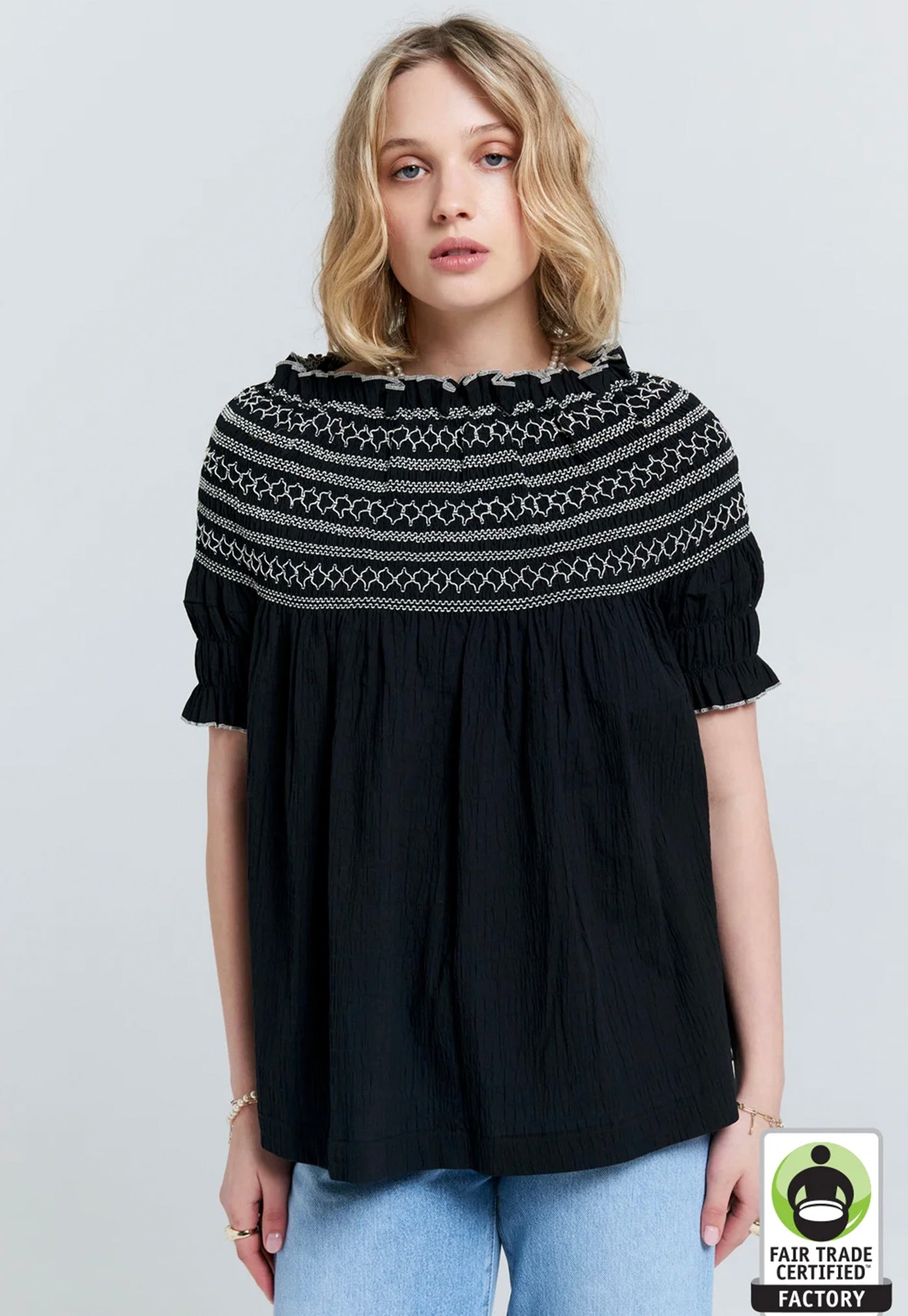 Gaia Smocked Blouse - Organic Cotton Black/Off-White