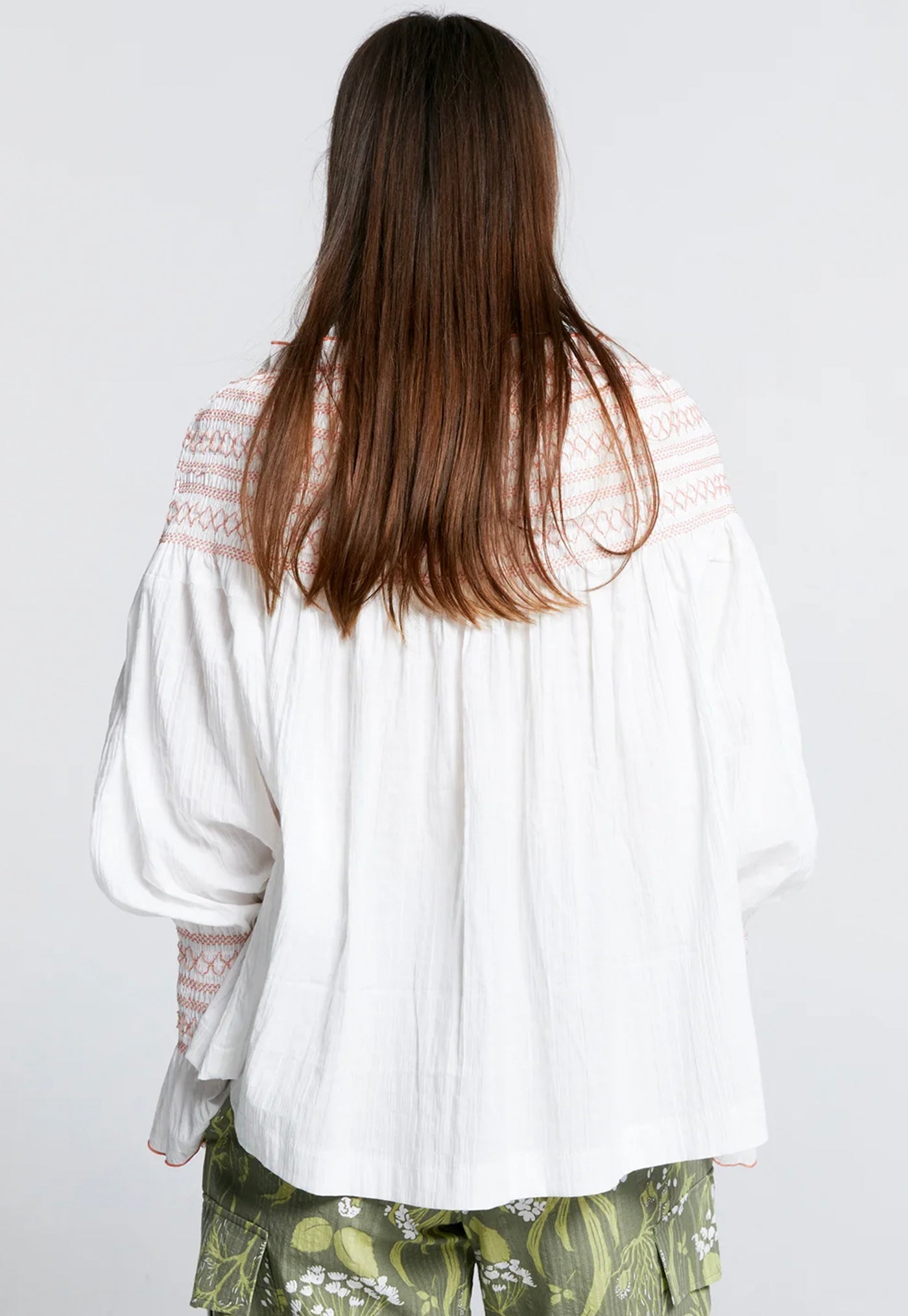 Gaia Long Sleeve Smocked Blouse - Organic Cotton White/Watermelon