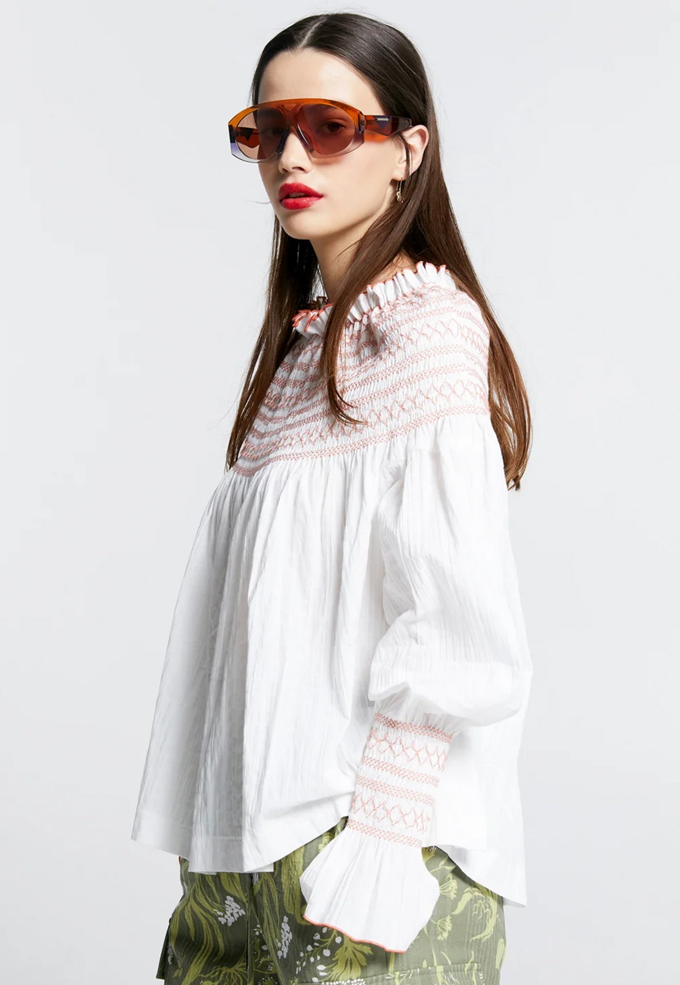 Gaia Long Sleeve Smocked Blouse - Organic Cotton White/Watermelon