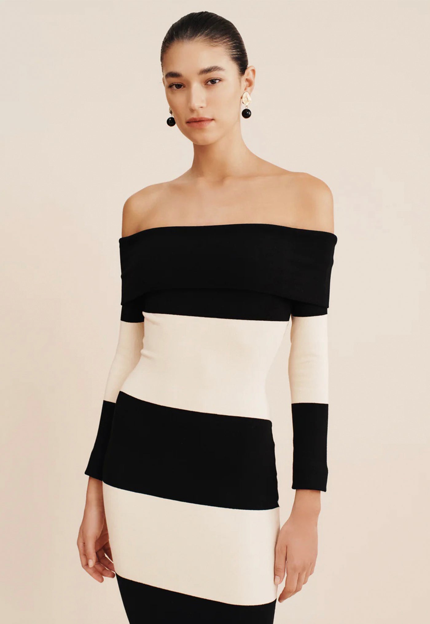 Theo Off The Shoulder Dress - Cream & Black sold by Angel Divine