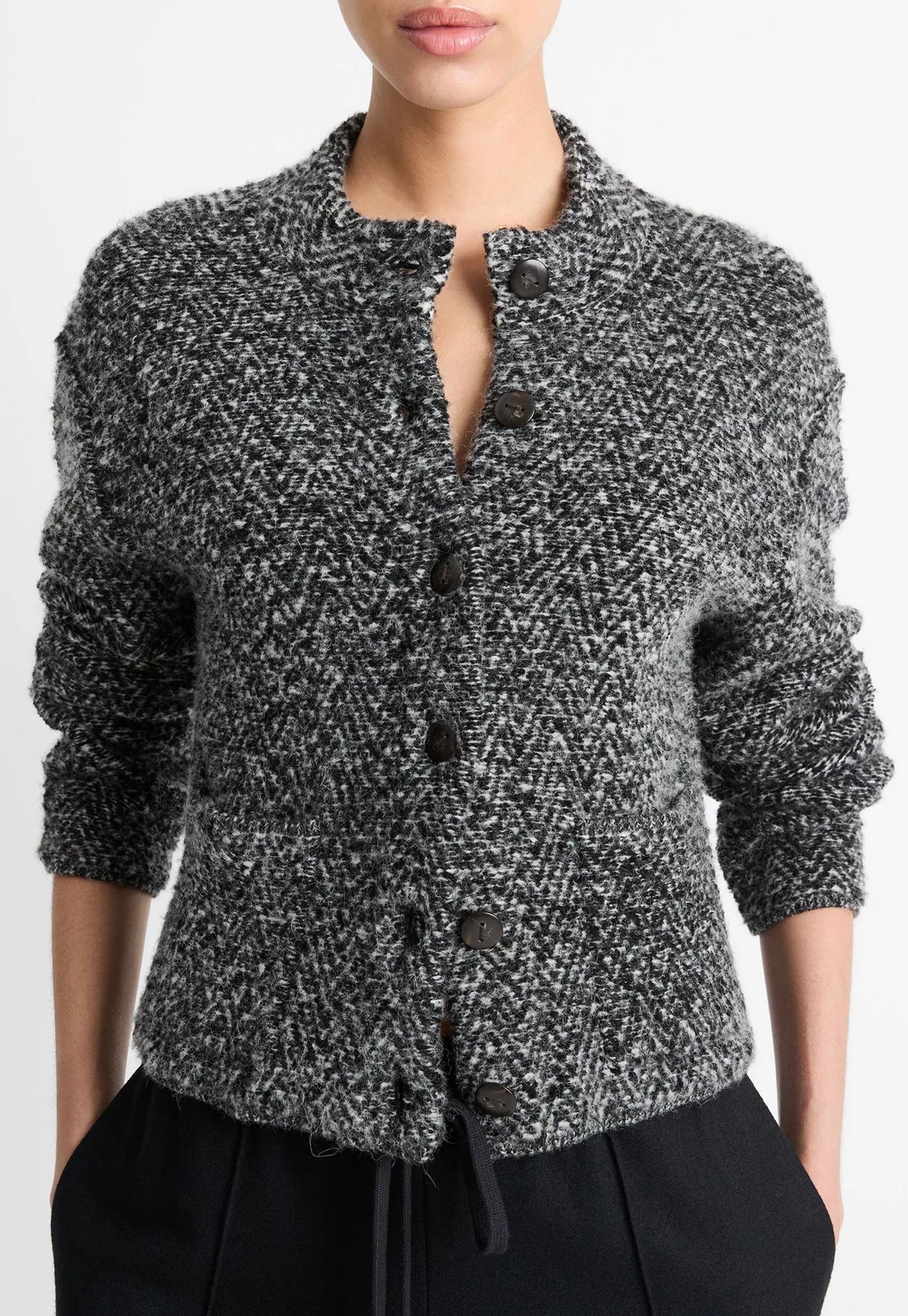 Herringbone Textured Cardi Jacket - Black/Off White sold by Angel Divine