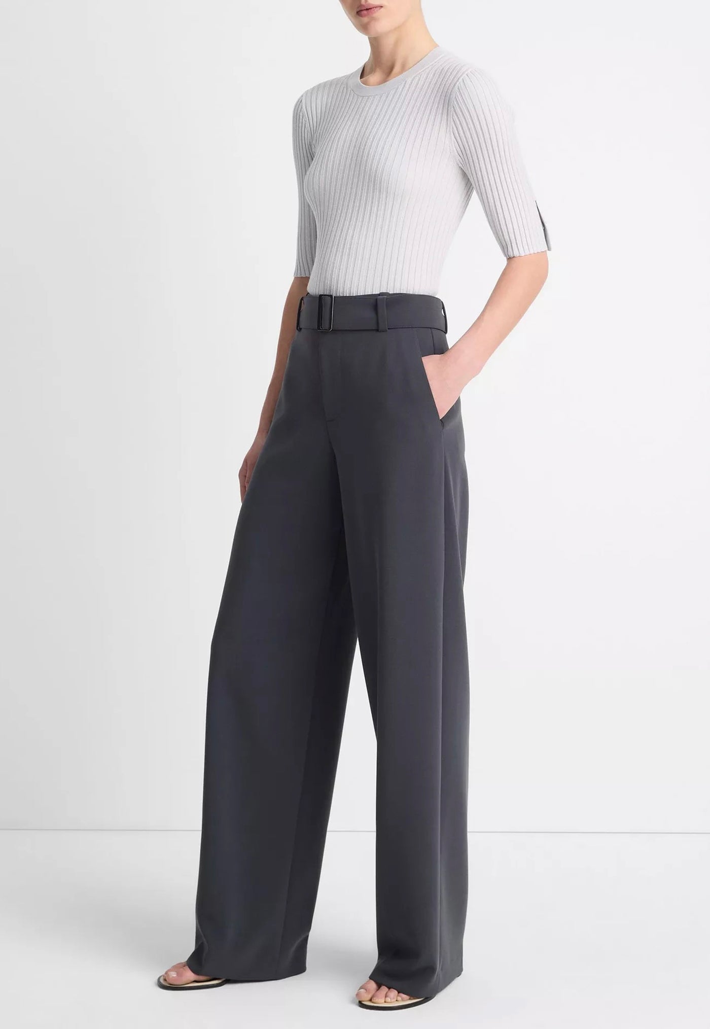 High Waisted Belted Wide Leg Trouser - Graphite sold by Angel Divine