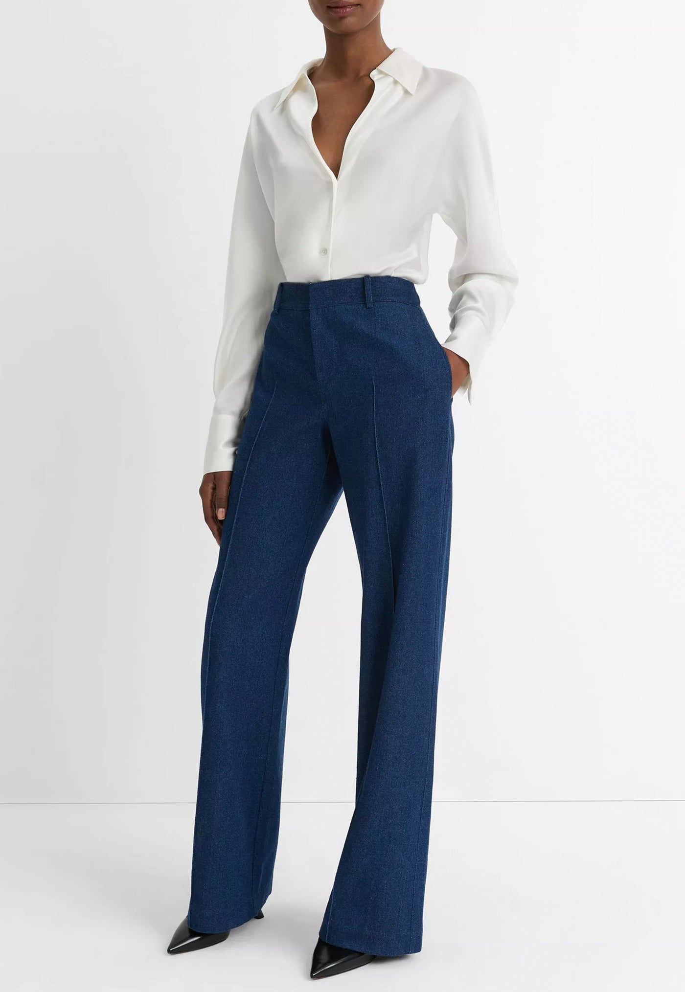 Mid Rise Pintuck Twill Wide Trouser - Indigo sold by Angel Divine