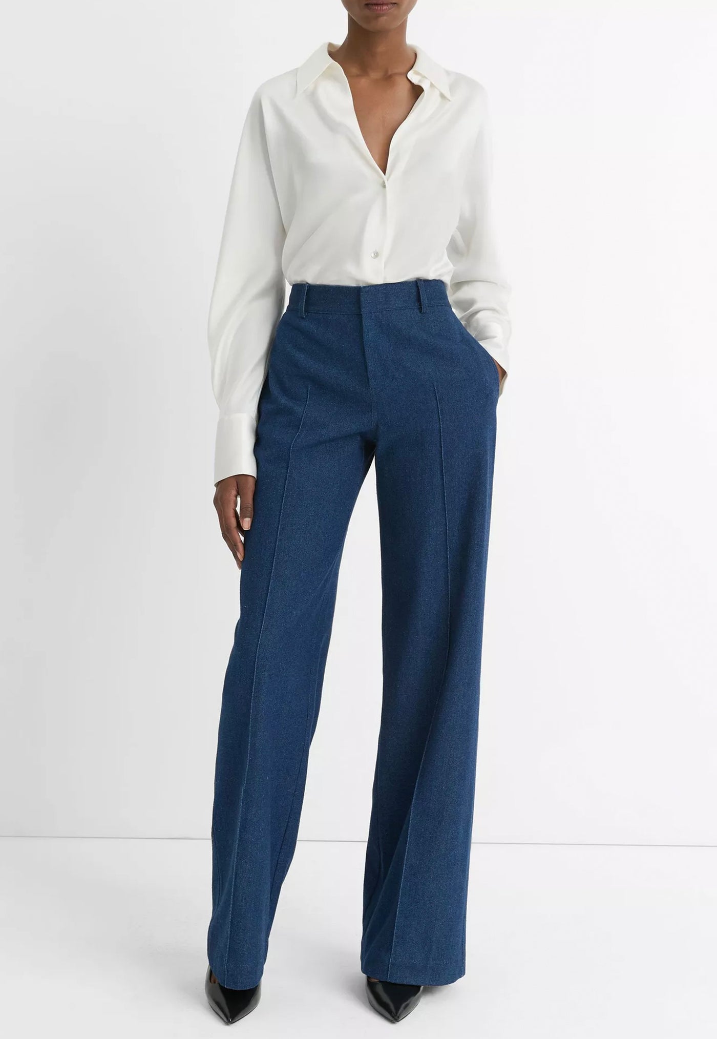 Mid Rise Pintuck Twill Wide Trouser - Indigo sold by Angel Divine